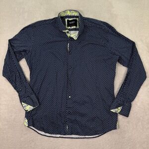 Maceoo Mens Size 5/XL Button Up Shirt Navy Blue Micro Print 4-Way Stretch Cotton